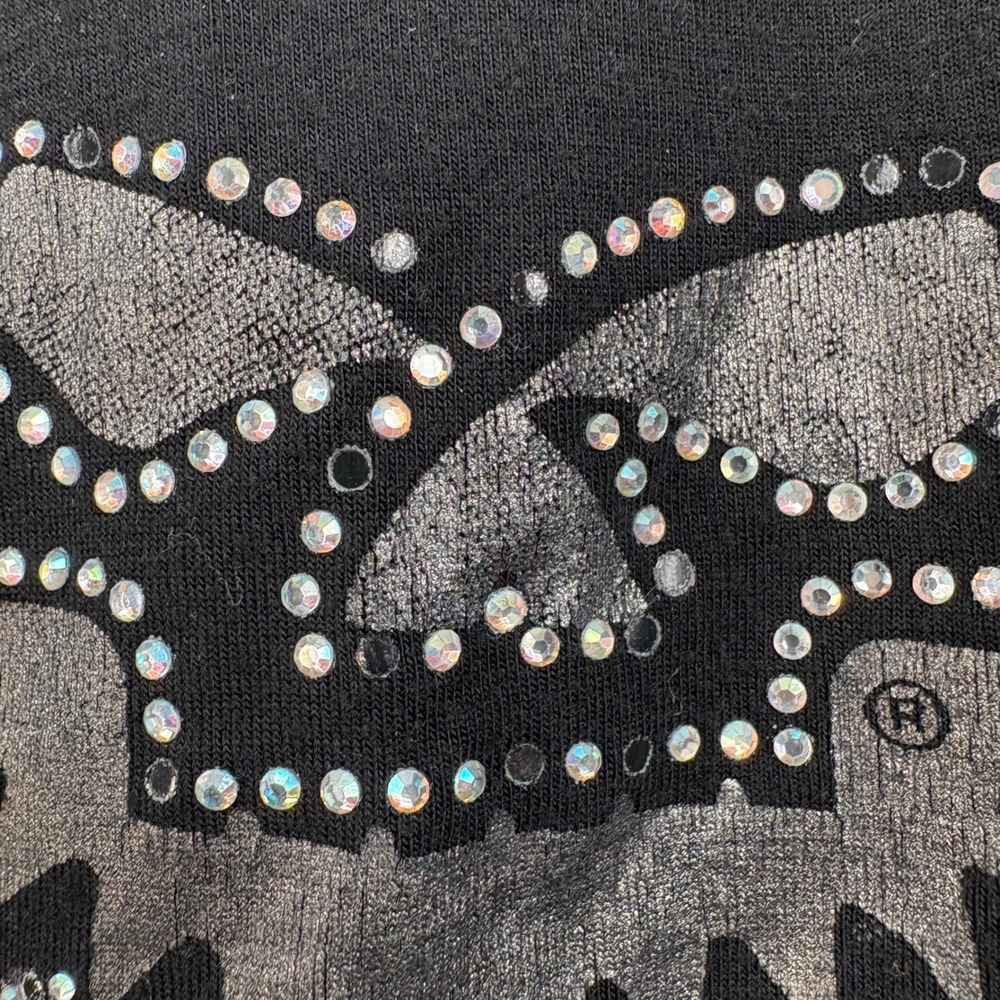 Harley-Davidson Womens XL Black Rhinestone Skull Crochet Lace Back Top Biker - Picture 8 of 9